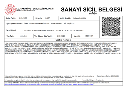 Sanayi Sicil Belgesi